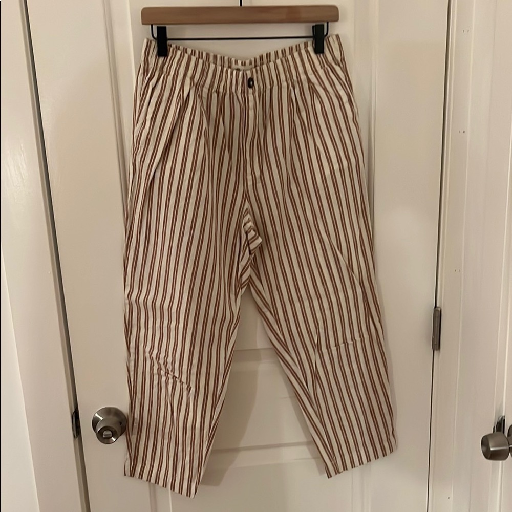 Madewell Cream and Brown Striped Ankle Pants